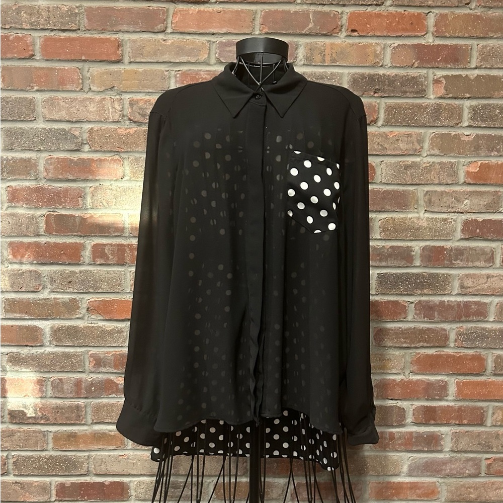 MINKPINK Sheer Black Long Sleeve Blouse With White Polka Dots Size Large